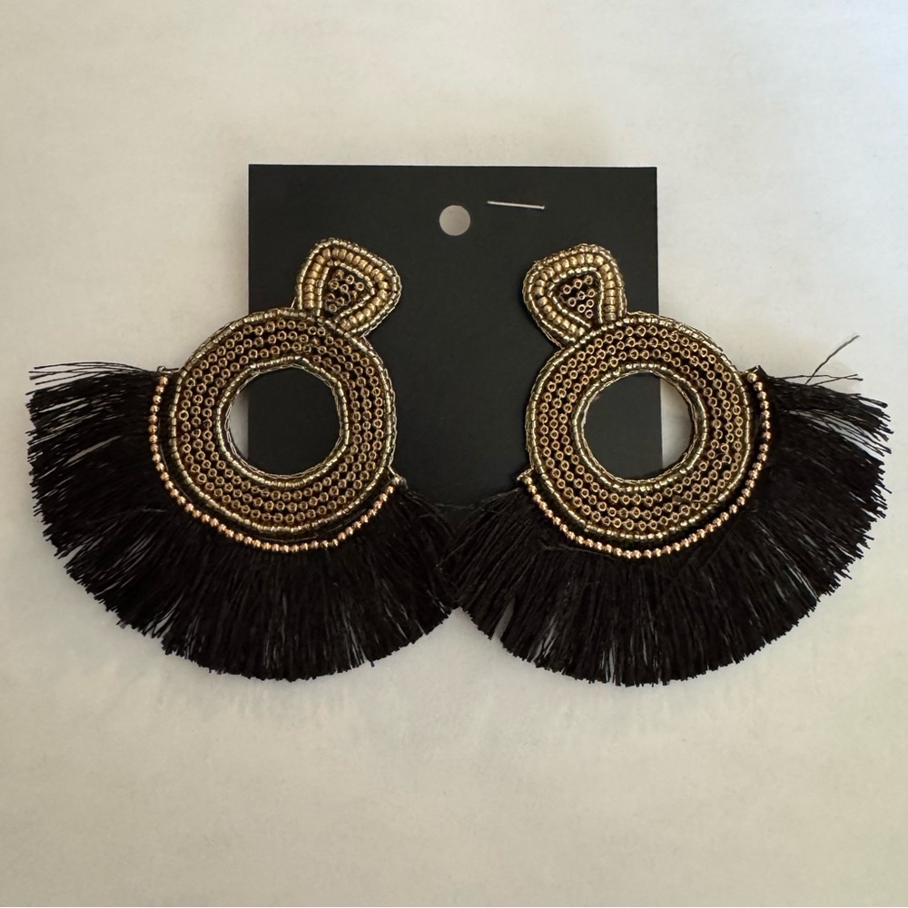 Elegant Black and Gold Fringe Drop Earrings, Oversized Bohemian Style